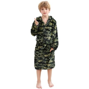 V.&GRIN Boys Fleece Robe, Hooded Plush Soft Fuzzy Bathrobe for Kids 5-14 Years C