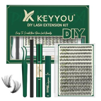 KEYYOU Lash Extension Kit DIY 300Pcs Lash Clusters Kit 40D 0.07 D Curl 9-18MIX E