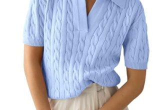 Imily Bela Women’s Cable Short Sleeve Sweaters Tops Solid Lapel V Neck Knit Casu