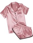 Ekouaer Womens Silk Satin Pajamas Short Sleeve Sleepwear Soft Button Down Lounge