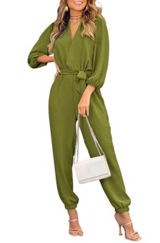 PRETTYGARDEN One Piece Jumpsuits for Women Fall V Neck Long Sleeve Belt Pockets