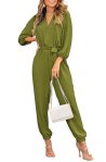 PRETTYGARDEN One Piece Jumpsuits for Women Fall V Neck Long Sleeve Belt Pockets