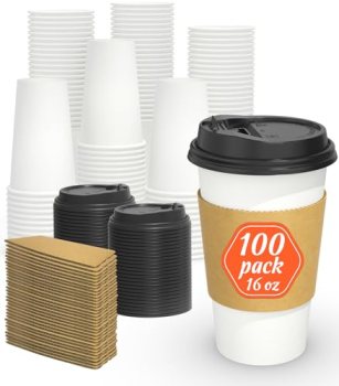 Dealusy 100 Pack 16 oz Disposable Coffee Cups with Lids and Sleeves