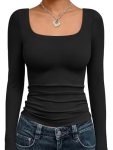 Trendy Queen Womens Square Neck Long Sleeve Shirts Double Lined Solid Slim Fit T