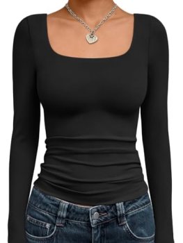 Trendy Queen Womens Square Neck Long Sleeve Shirts Double Lined Solid Slim Fit T