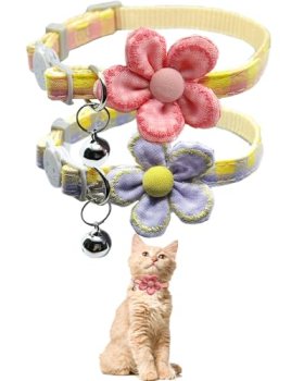 Plaid Kitten Collar with Flower，Cat Collar Breakaway with Bell，Cat Collars for G