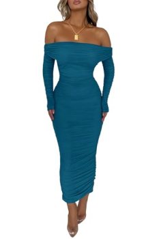 PRETTYGARDEN Women’s Fall Off Shoulder Maxi Bodycon Dress Long Sleeve Ruched Fit