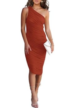 PRETTYGARDEN One Shoulder Dresses for Women 2025 Summer Ruched Mesh Asymmetrical