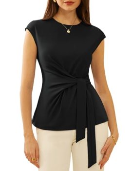 Dressy Tops for Women Casual Solid Color Work Top Casual Cap Sleeve Tie Waist El