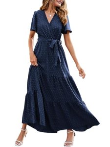 MASCOMODA Women Boho Swiss Dot Maxi Dresses Wrap V Neck Flutter Short Sleeve Sol
