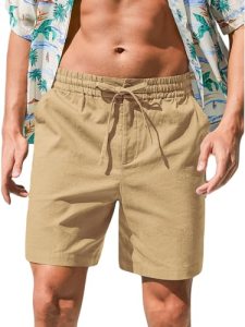 RQP Mens Cotton Linen Shorts Casual Drawstring 7inch Inseam Shorts Stretch Summe