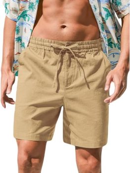 RQP Mens Cotton Linen Shorts Casual Drawstring 7inch Inseam Shorts Stretch Summe