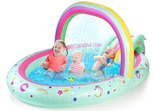 SULIFEEL Rainbow Unicorn Inflatable Play Center Kiddie Pool with Slide and Sprin