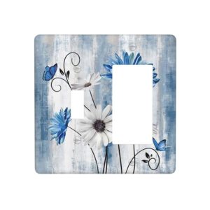 Rustic Teal Blue Daisy Floral 2 Gang Single Toggle Rocker Combination Light Swit