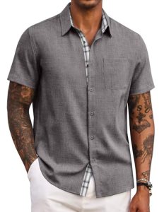 COOFANDY Mens Short Sleeve Button Down Shirt Summer Beach Linen Shirts Business