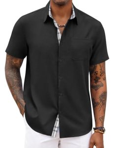 COOFANDY Men’s Casual Button Down Shirt Beach Linen Short Sleeve Shirts Untucked