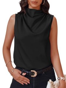 Cicy Bell Womens Mock Neck Satin Tank Tops Business Casual Work Ruched Blouses S