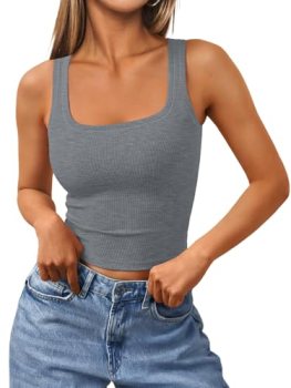 Trendy Queen Women’s Summer Square Neck Tank Tops Workout Cropped Ribbed Camisol