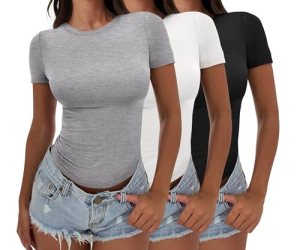 ANRABESS Women’s 3 Pack Short Sleeve Shirts 2026 Crop Tops Tight Fitted Basic Te