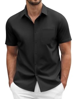 COOFANDY Mens Casual Button Down Shirts Summer Short Sleeve Textured Button Up W