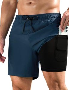 KBVOT Mens Swim Trunks with Compression Liner 7 inch Inseam 2 Pack Quick Dry Str