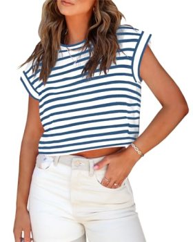 Tankaneo Womens Short Sleeve Crop Tops Casual Summer Striped T Shirts Loose Fit