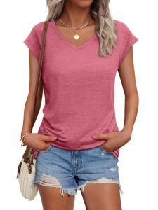AUTOMET Womens V Neck T Shirts Spring Summer Cap Sleeve Basic Tees Trendy Cute T