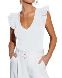 Womens White Ribbed Ruffle Sleeve Shirt Sexy Deep V Neck Slim Fitting Tops Trend