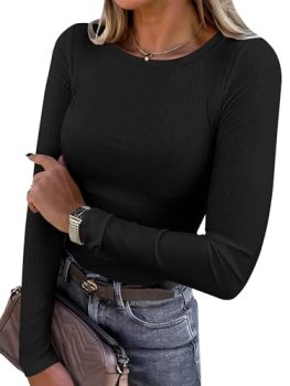 ANRABESS Women Long Sleeve Shirts Rib Knit Slim Fit Tops Basic Tee 2025 Fall Out