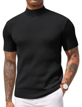 COOFANDY Men’s Mock Turtleneck Sweater Short Sleeve Casual Basic Tops Ribbed Kni