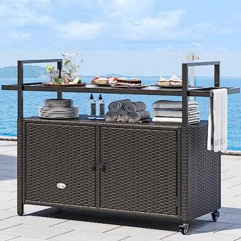 YITAHOME Large Outdoor Kitchen Wicker Island Rolling Cart