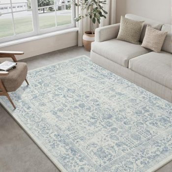 PureCozy Blue Area Rug 5×7 Machine Washable Vintage Living Room Distressed Non S