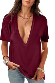 UNCLECAT Womens Deep V-Neck T Shirts Sexy Short Sleeve Tops Summer Oversized Tee