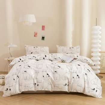 ECOCOTT Duvet Cover King Size, 3 Pcs Cartoon Cats Animal Print Pattern Duvet Cov