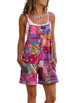 YESNO Women Summer Casual Loose Rompers Sleeveless Boho Floral Spaghetti Straps