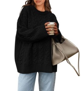 Okiwam Women’s Oversized Sweaters Crewneck Cable Knit Pullover Casual Loose Fall
