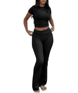COPYLEAF Two Piece Lounge Sets for Women Fold Over Flare Pants Short Sleeve Crop