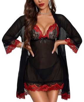 RSLOVE Women Sexy Lingerie Set 3 Piece Babydoll & Lace Kimono Robe Strap Chemise