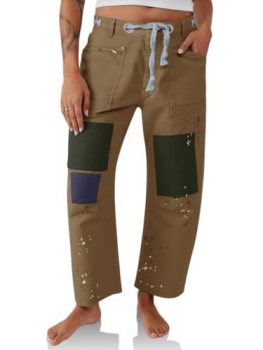 PLNOTME Womens Baggy Barrel Horseshoe Jeans Wide Leg Patchwork Low Rise Denim Pa