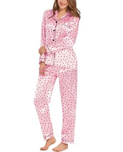 SWOMOG Womens Silk Satin Pajamas Set Long Sleeve Button Down Sleepwear 2 Piece L
