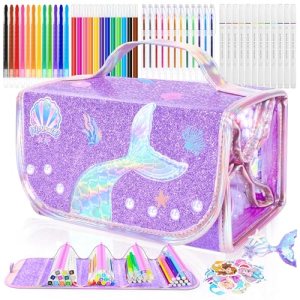 70PCS Mermaid Washable Markers Set with Glitter Pencil Case