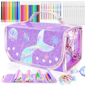 70PCS Mermaid Washable Markers Set with Glitter Pencil Case