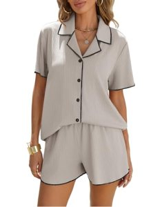 Ekouaer Women’s Ribbed Button Down Pajamas Sets 2 Piece Short Sleeve Shorts Pjs