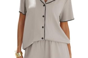 Ekouaer Women’s Ribbed Button Down Pajamas Sets 2 Piece Short Sleeve Shorts Pjs