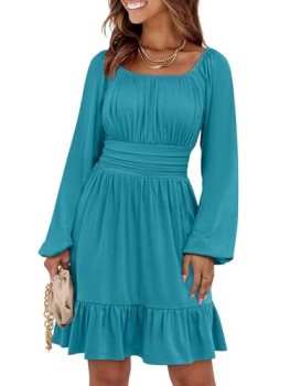 ANRABESS Womens Dress Long Lantern Sleeve Square Neck Elastic Waist Ruffle Flowy