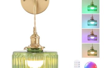 Shenmoyl Battery Operated Wall Sconce with Green Striped Shade Pattern Glass Adj