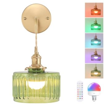 Shenmoyl Battery Operated Wall Sconce with Green Striped Shade Pattern Glass Adj