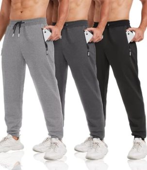 lomsoe 3 Pack Sweatpants for Men Tapered Mens Joggers Pants with Zip Pockets Fle