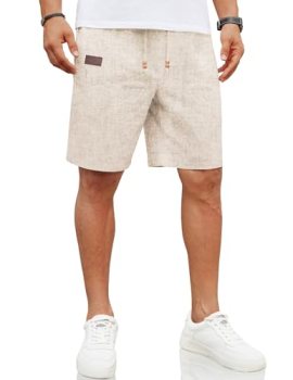 COOFANDY Mens Casual Linen Shorts Elastic Waist Drawstring Loose Fit Summer Beac