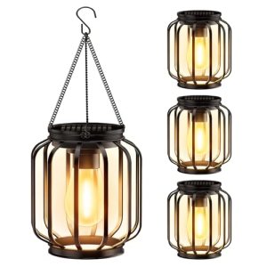 Solar Hanging Lanterns Outdoor Waterproof: 4 Pack Metal Solar-Powered Lights wit